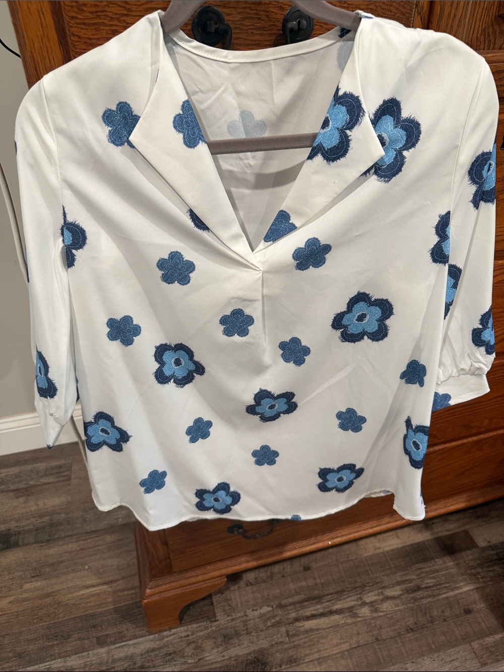 SHEIN White V-Neck Blouse with Blue Floral Applique